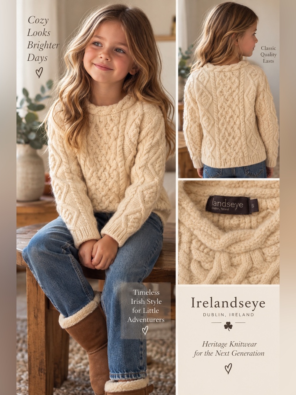 Irelandseye Girls 100% Irish Wool Aran Cable Knit Sweater | Size S